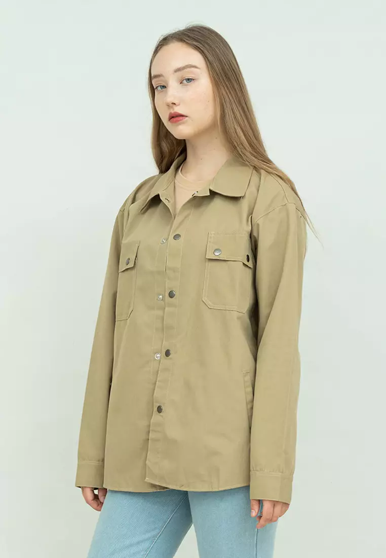 Jaket parka outer jaket wanita semi parka warna krem unisex