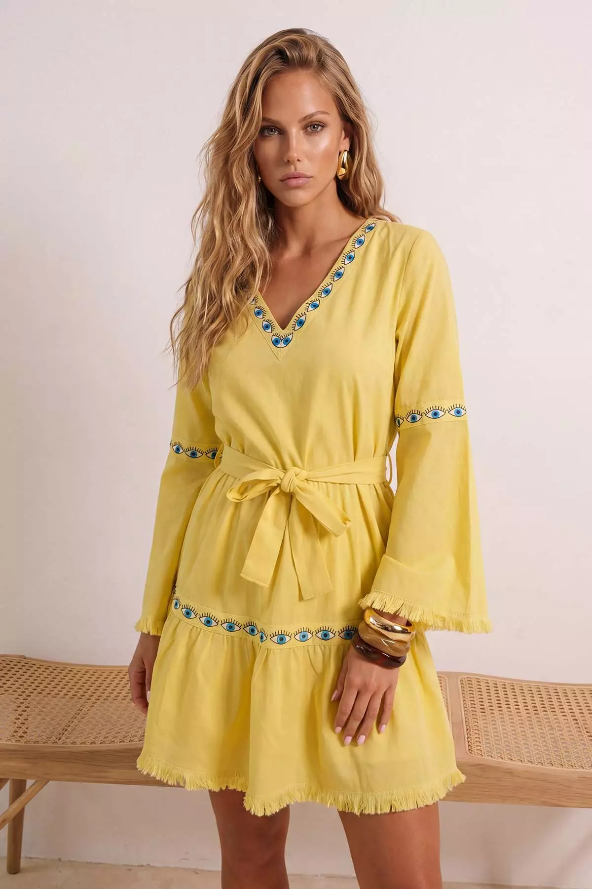 Yellow Belted Mini Woven Flounce Beach Dress Tbess21El1253