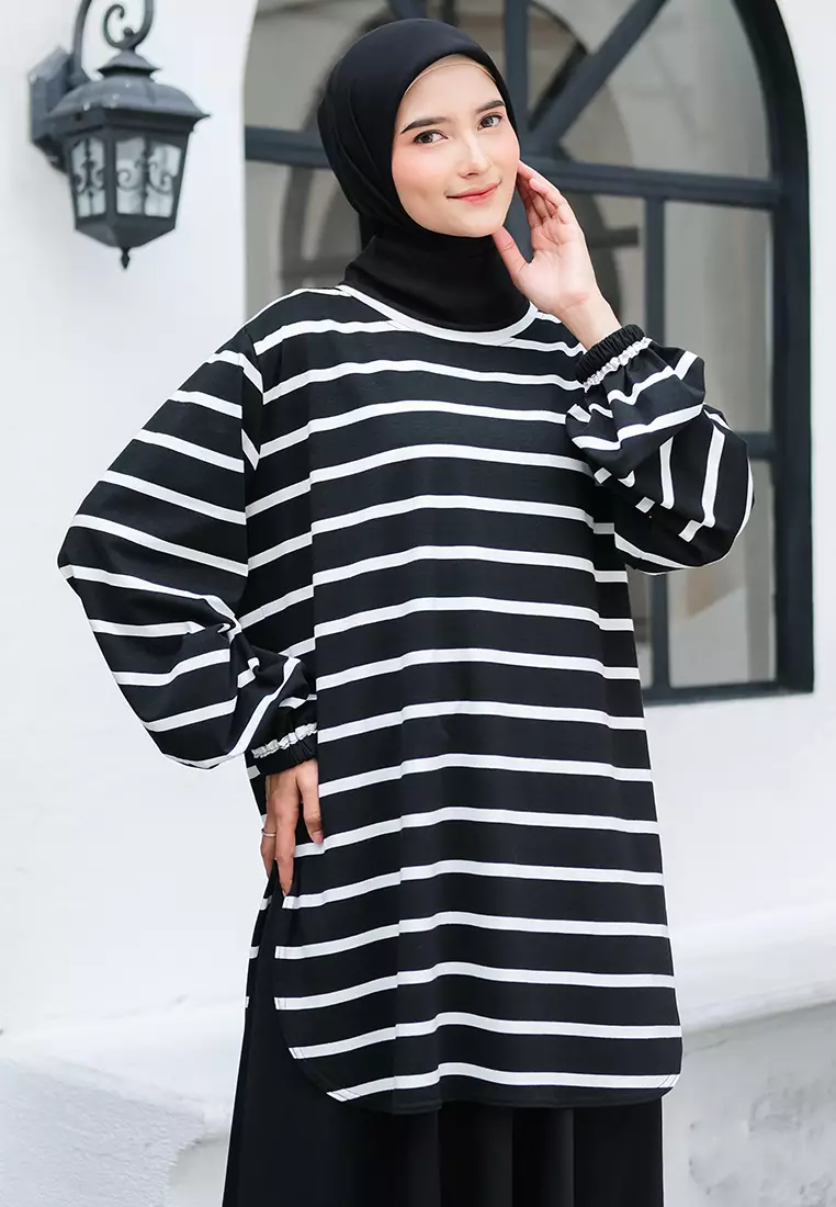 JV Hasanah Baju Kurung Oval Big Stripe Black | Atasan Baju Kurung Oval Salur Besar Kaos Adem