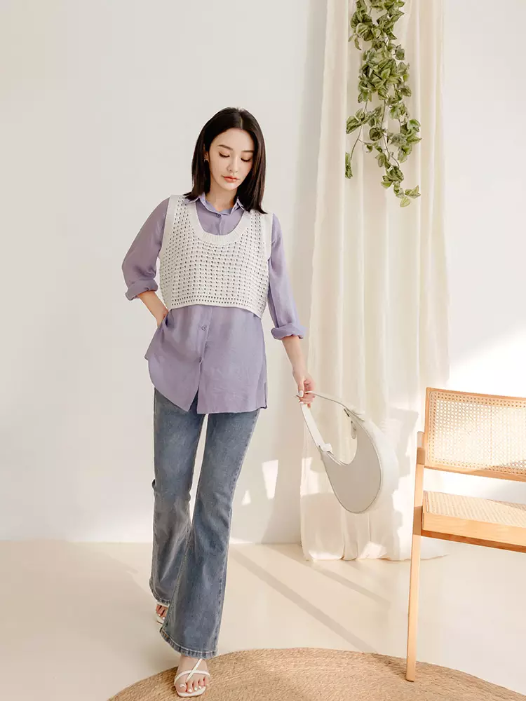 立體紋理翻領寬鬆防曬罩衫襯衫《AB19462》