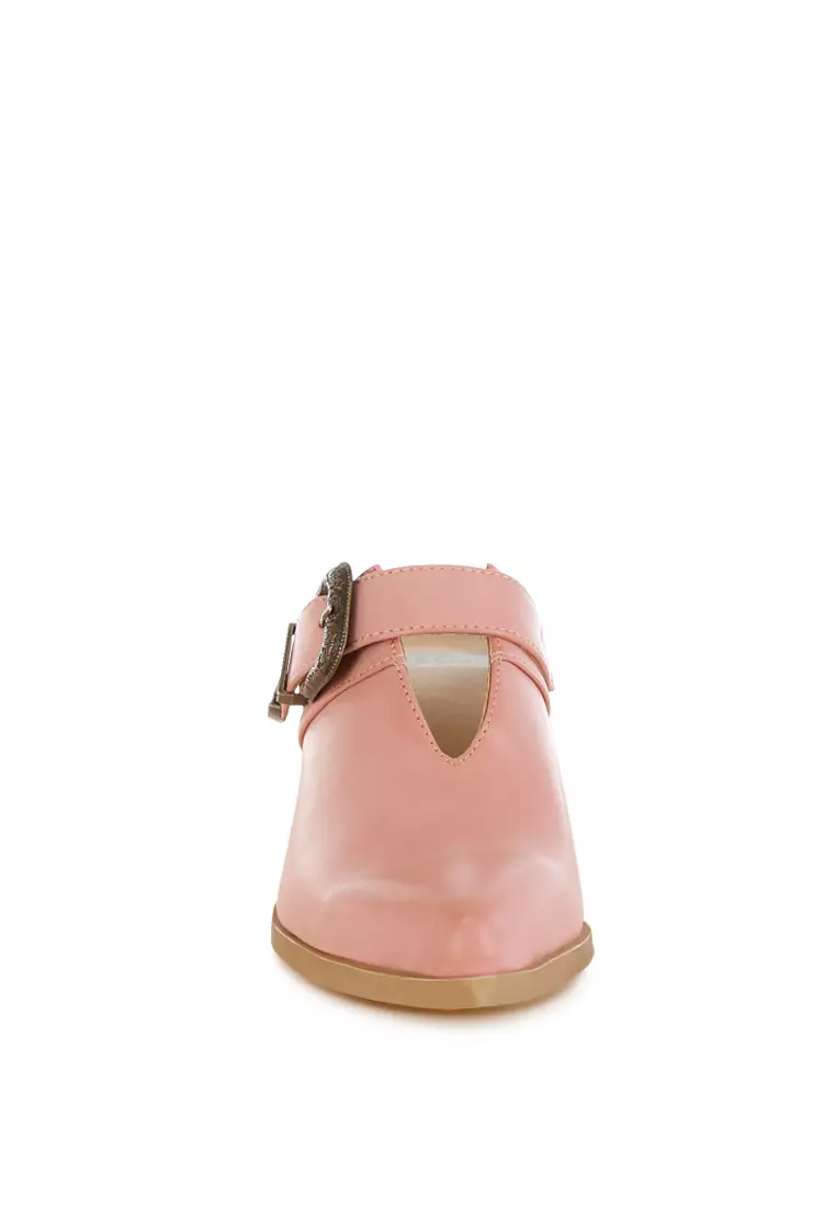 Carved Buckle Statement Mules in Pink