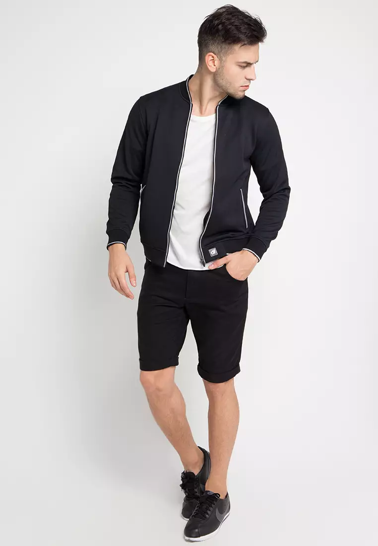 Jaket Bomber Pria - Black With Silver Stirp