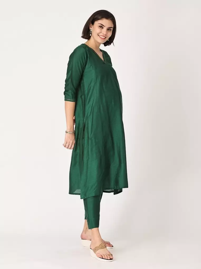 Maternity Silk Kurta Set with Nursing - Green