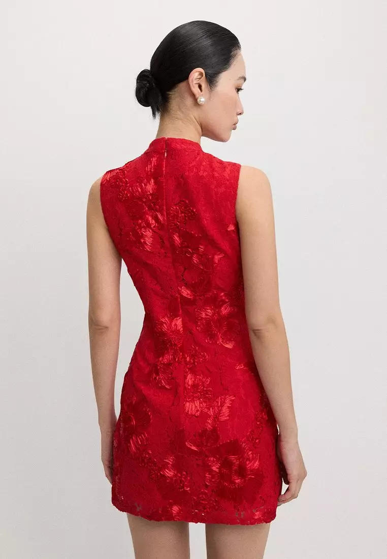 Crystal Buttons Lace Mini Dress - Red