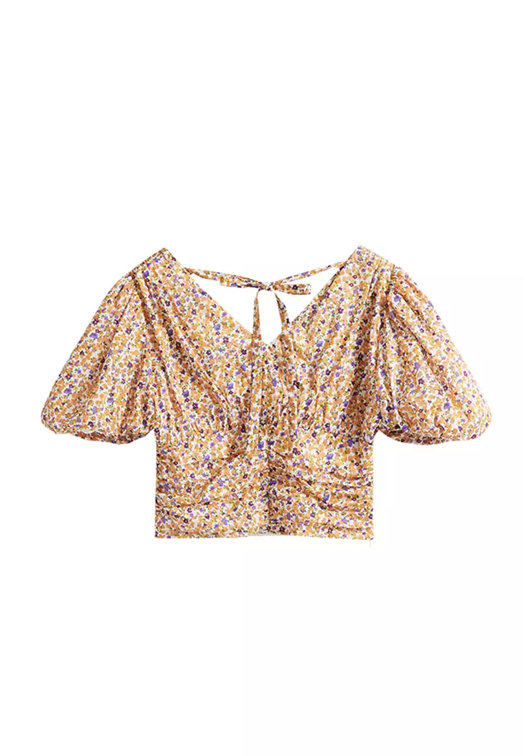 V-Neck Puff Sleeve Floral Blouse