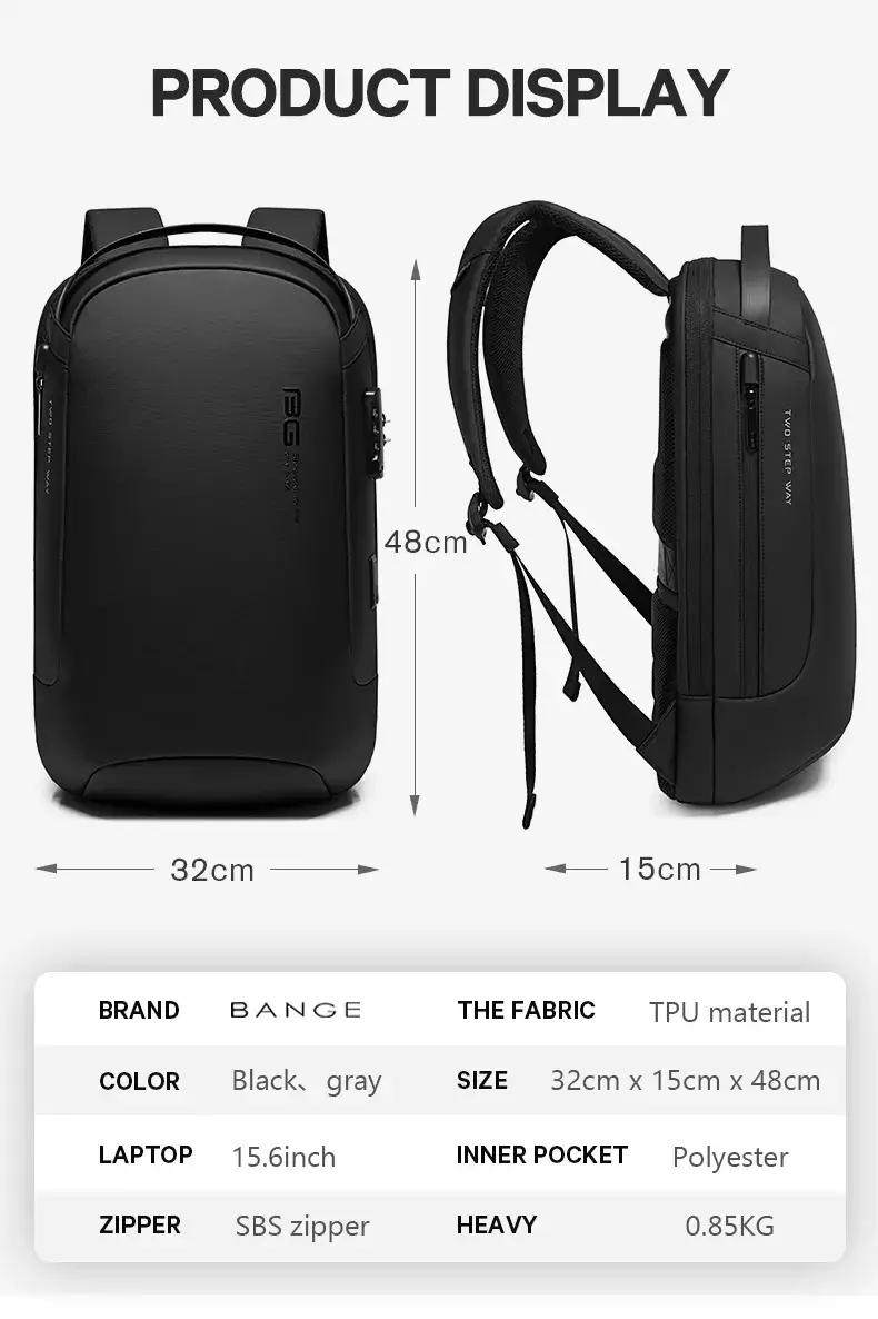 Bange BG7225 Tas Ransel Backpack Laptop Kerja pria 15.6 Inch Anti Theft Lock USB - BLACK