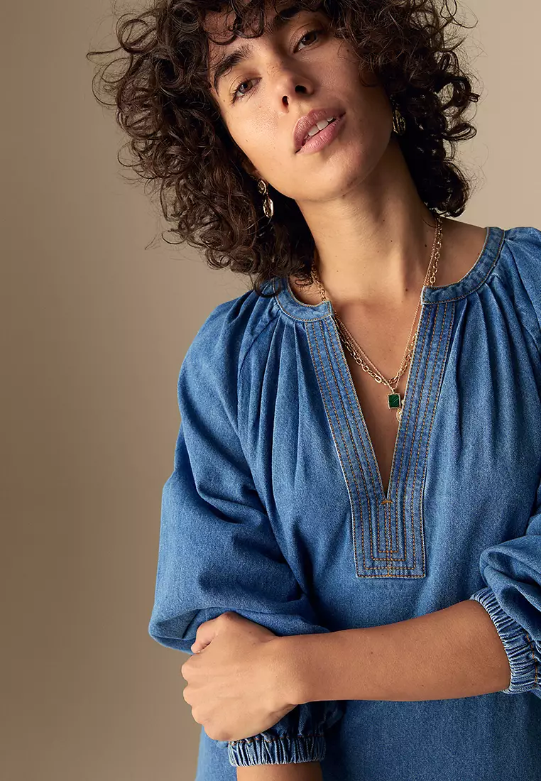 Denim V-Neck Midi Tiered Waisted Dress