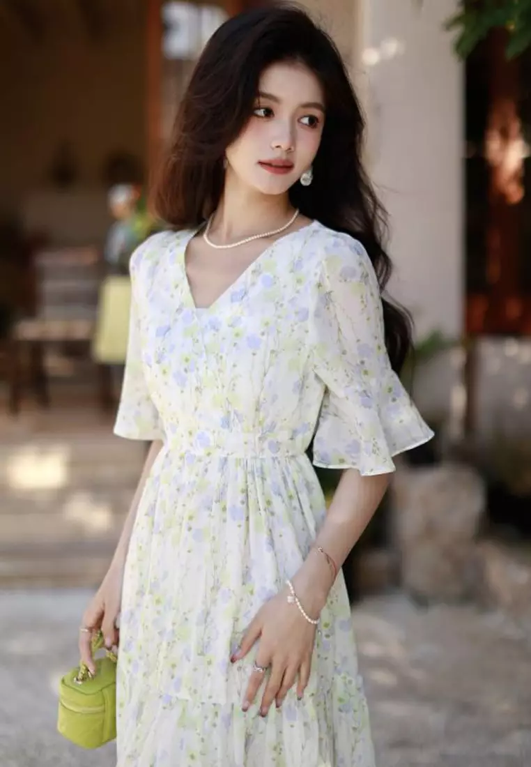 V Neck Floral Printed Dress