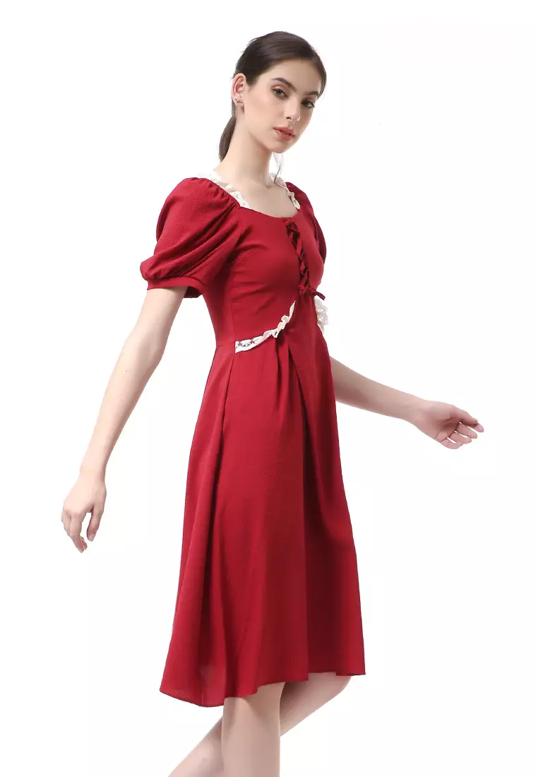 Rachel Slim Dress Wanita Model A-line Lengan Pendek Material Cotton ORIGINAL - Red