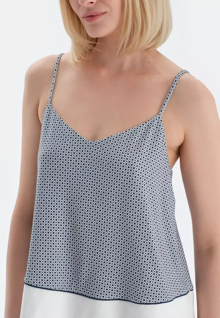 Navy Tanktop & Trousers, Geometric, V-Neck, Regular, Long Leg, Strappy Sleepwear for Women