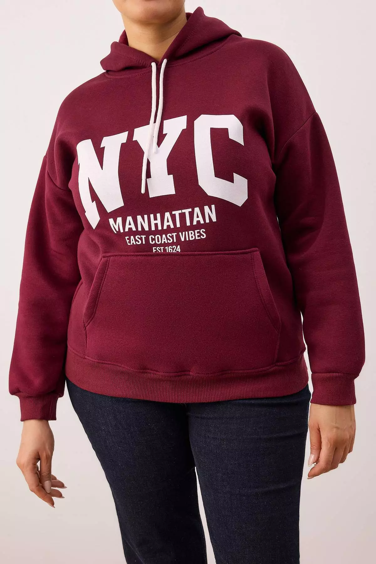 Burgundy College Themed Hooded Fleece Inside Oversized Sweatshirt Tbbaw26Ao00042