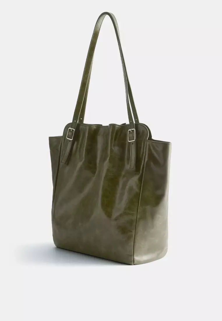 Buckle-Strap Leather Tote Bag