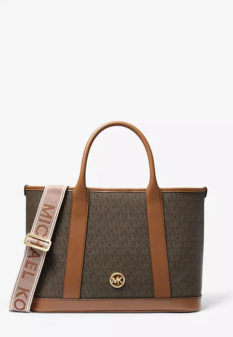Michael Kors Luisa Medium Signature Logo Satchel Brown Luggage