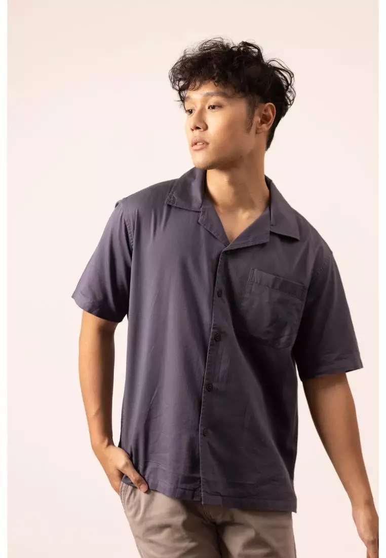 RBJ Kemeja Polos Twill Rayon Krah Hawaii Abu Tua Regular Fit Pria