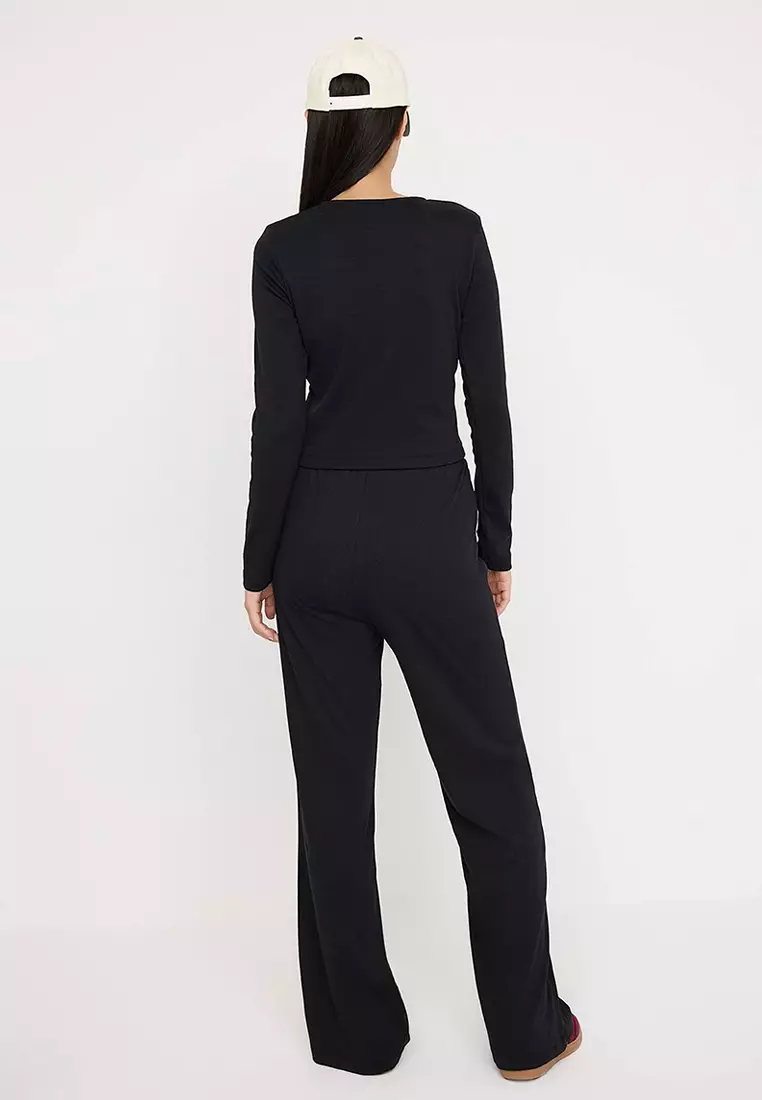 Teen Black Buttoned Fitted/Body-Sit Crew Neck Flexible Knitted Bottom - Top Set Twoaw26Au00075