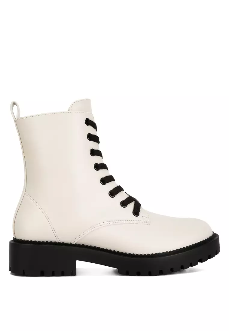 Discount on London Rag  shoes - SKU: Ecru Faux Leather Lace Up Boots
