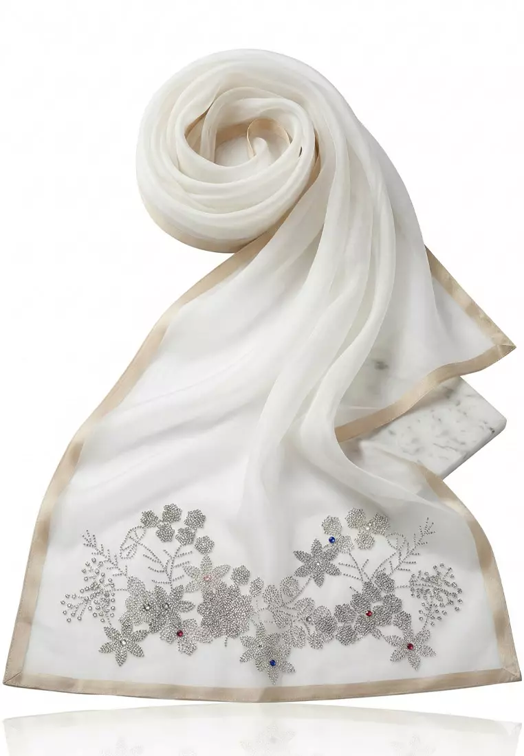 Aksesoris Syal Pesta Wanita Floral Pattern Studs Embellish Silk Shawl Syal Sutra Wanita Evening Shawl White