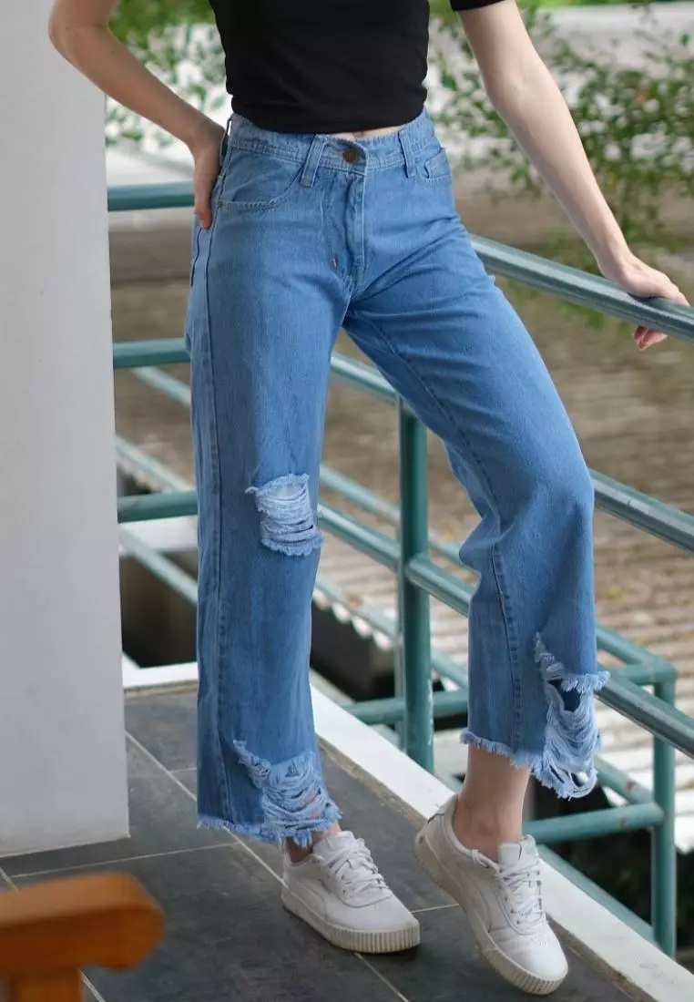 Fitwear - Hazel - Highwaist Kulot Ripped Jeans - Light Blue