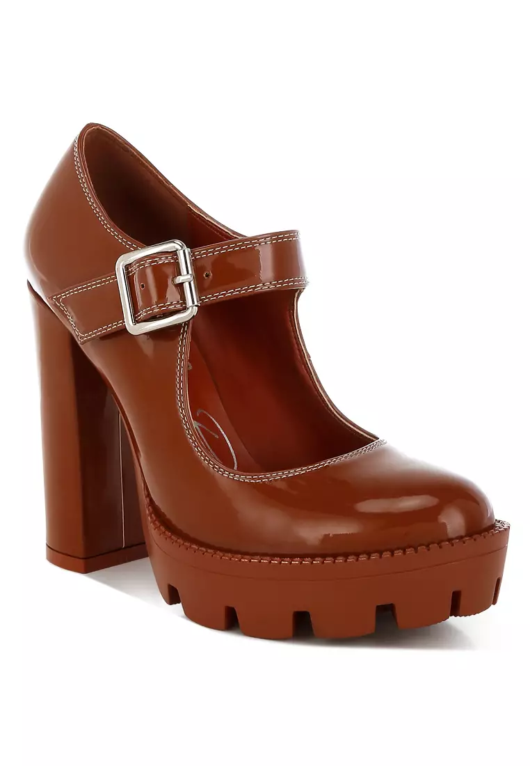 Tan Patent PU Sepatu Hak Tinggi Mary Jane