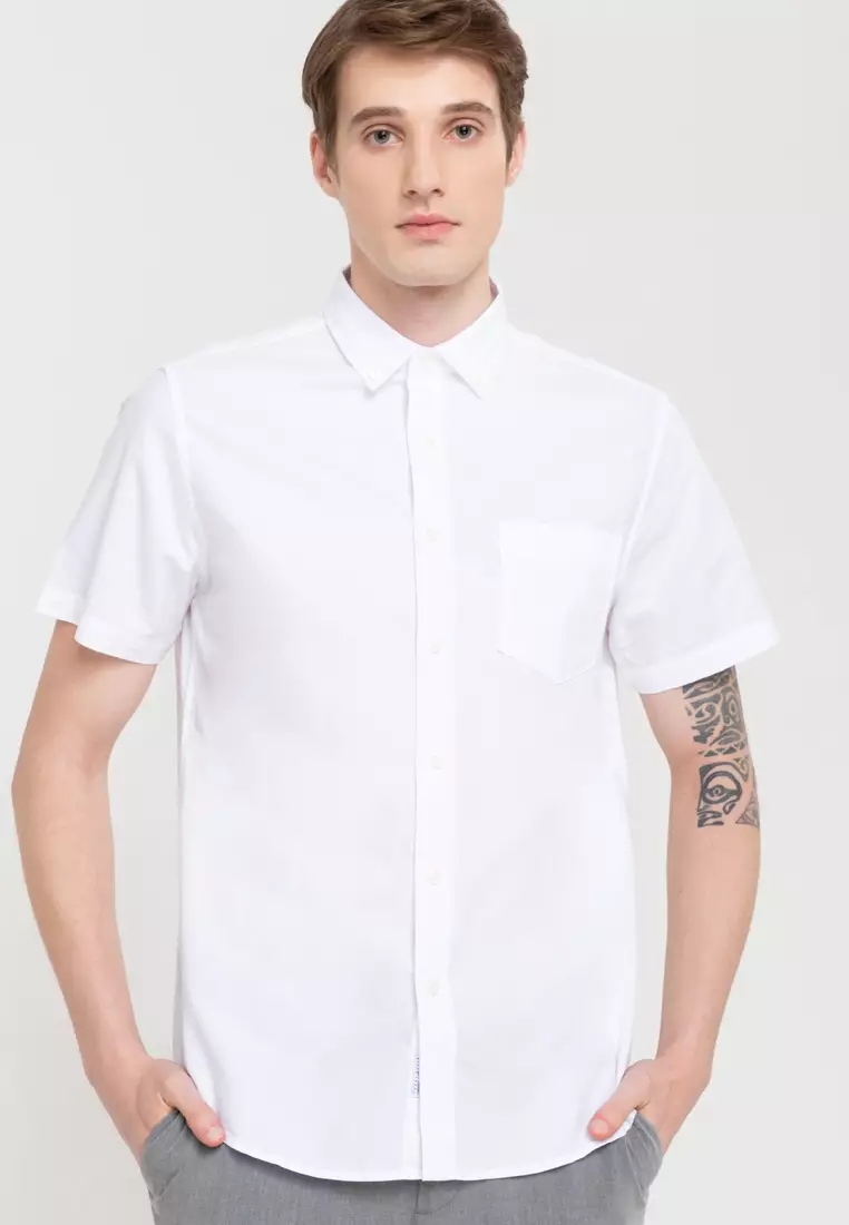 Woven Short Sleeves Casual Oxford Pea Shirt