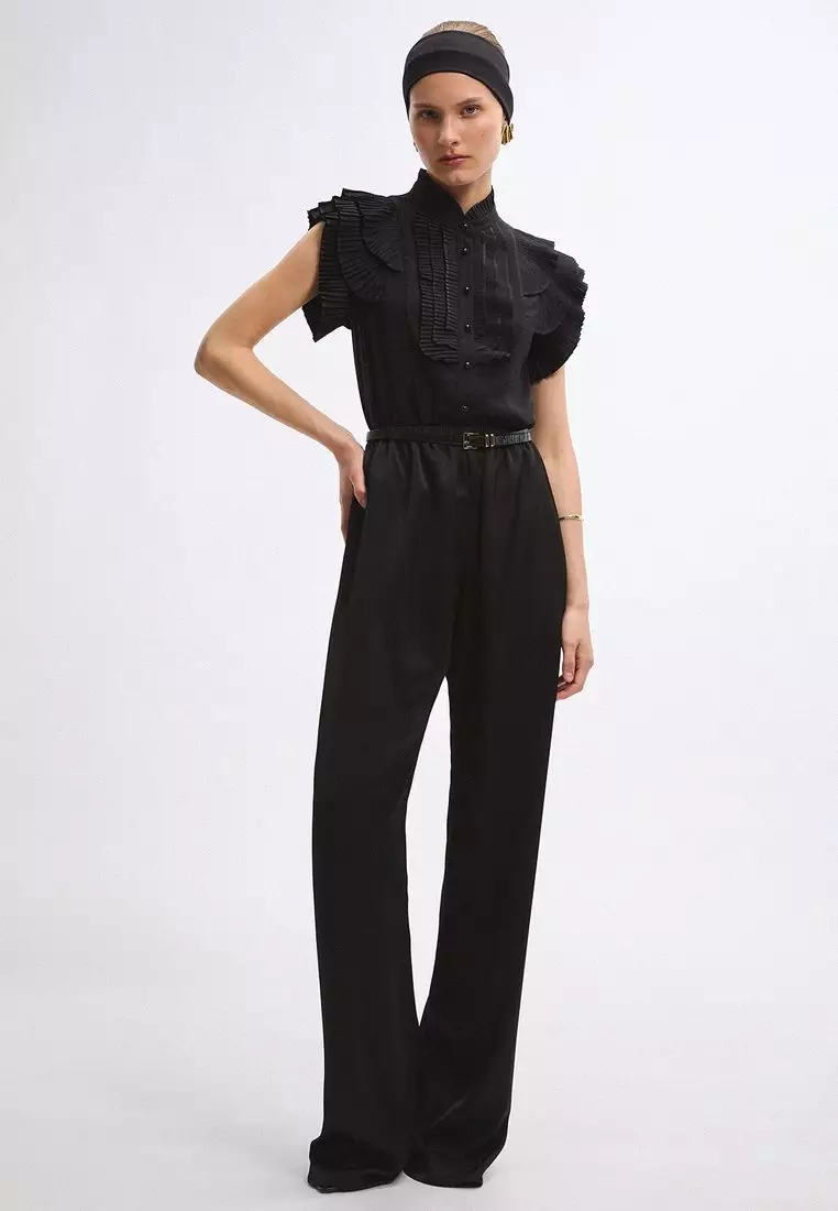 Ruffled Placket Top - Black