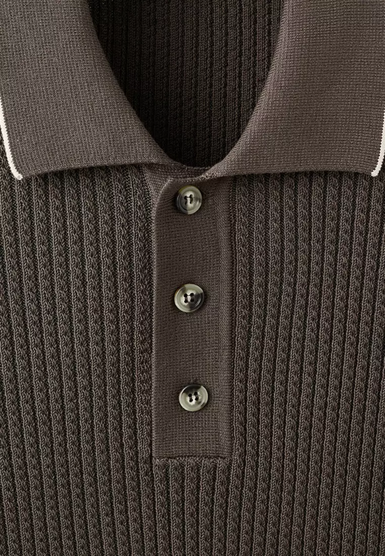 Fine-Knit Herringbone Polo Shirt