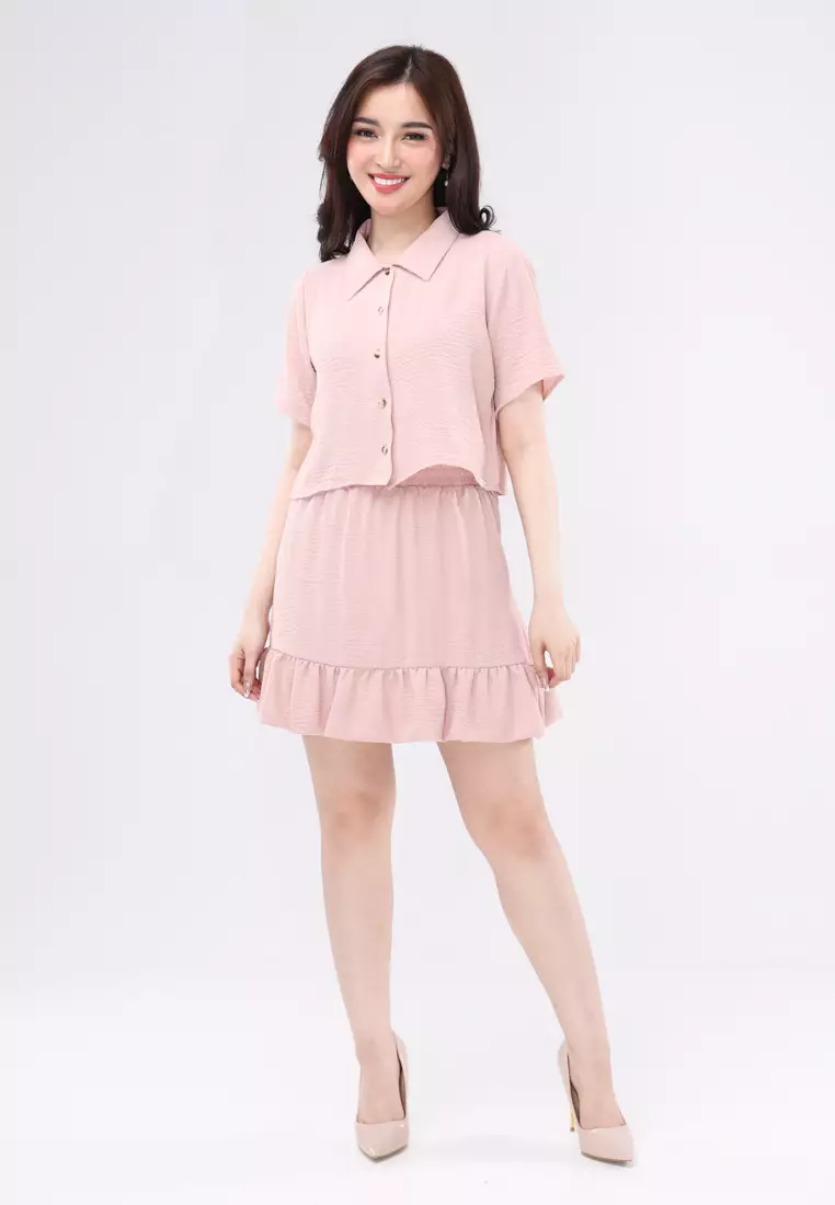 Linen Wrinkles Short Sleeves Blouse/Skirt