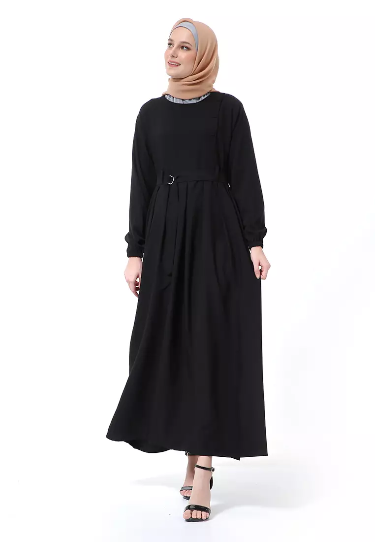 Nelly Gamis Dress Muslimah Wanita Long Sleeve Premium High Quality - Hitam