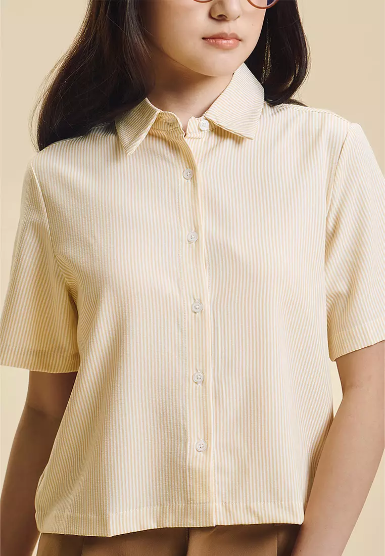 Dress Code Short Sleeve Striped Relaxed Button Down Top