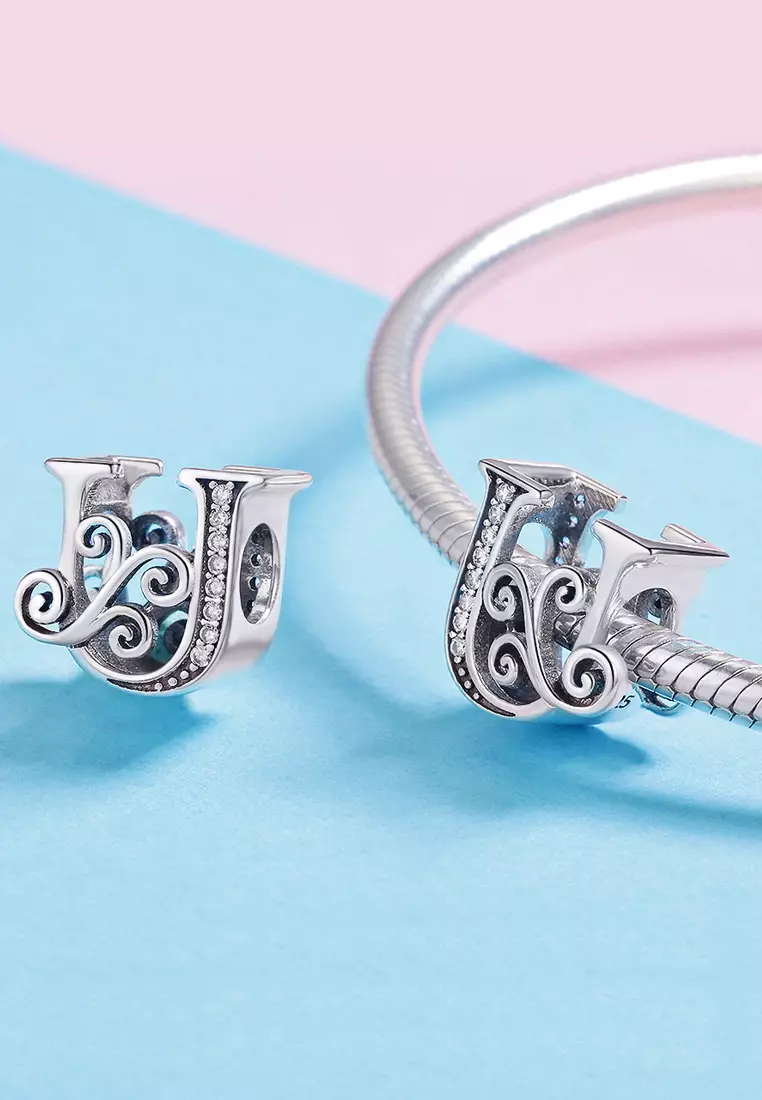 Solid 925 Sterling Silver Vintage Inspired Antique Alphabet Charm U