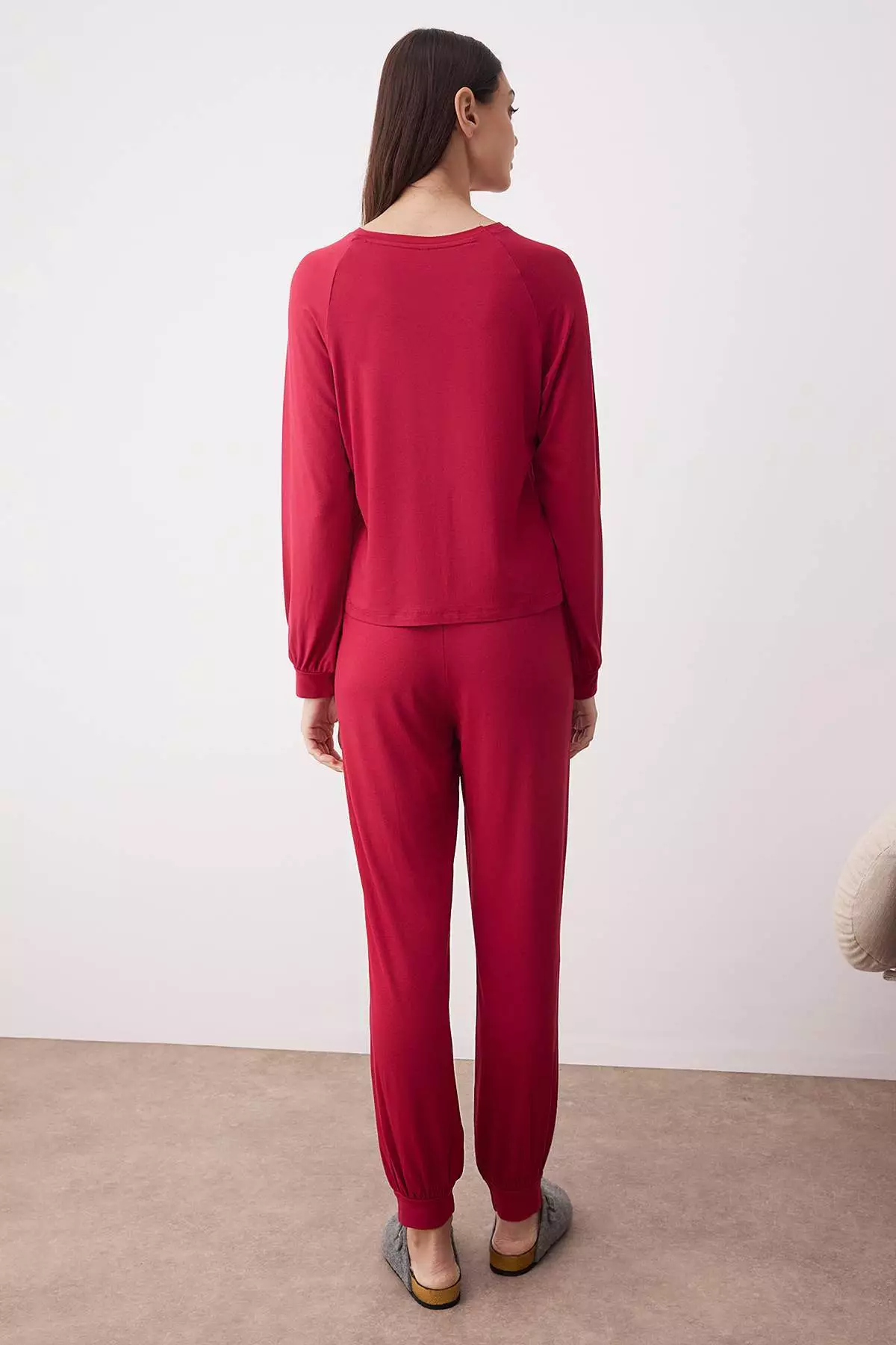 Burgundy Raglan Sleeve Viscose Knitted Pajama Set Thmaw26Pt00019