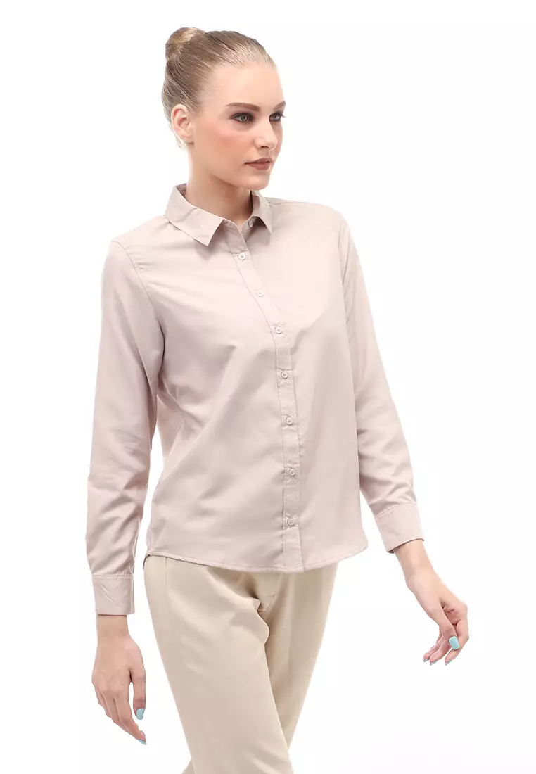 Kemeja Long Sleeves Atasan Wanita Motif Solid Shirt - Khaki