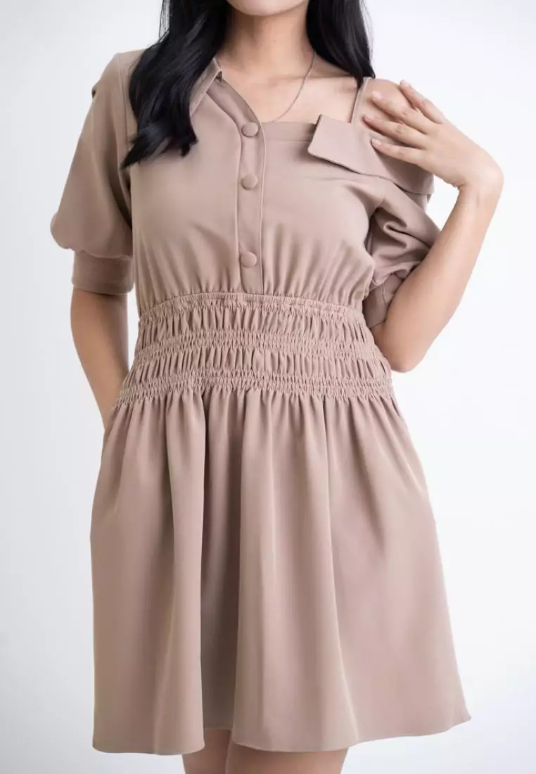 SIDE SHOULDER WITH ELASTICITY WAISTBAND DRESS