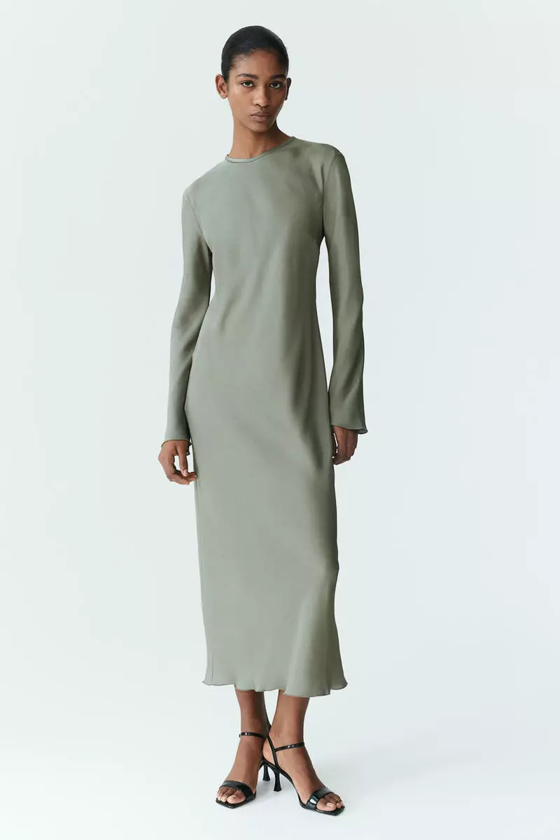 knee length dresses for ladies H&M Long Sleeve Midi metal Green Dress Small main image 0
