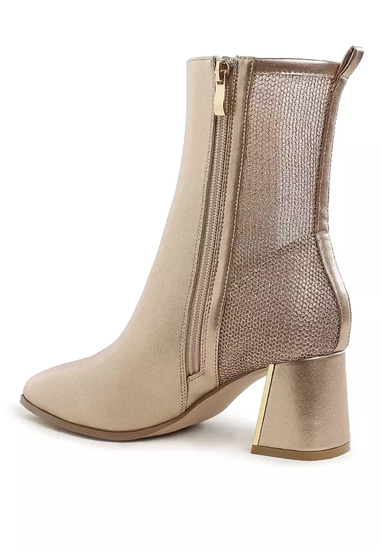 Mesh Detail Pointy Ankle Boots in Gold