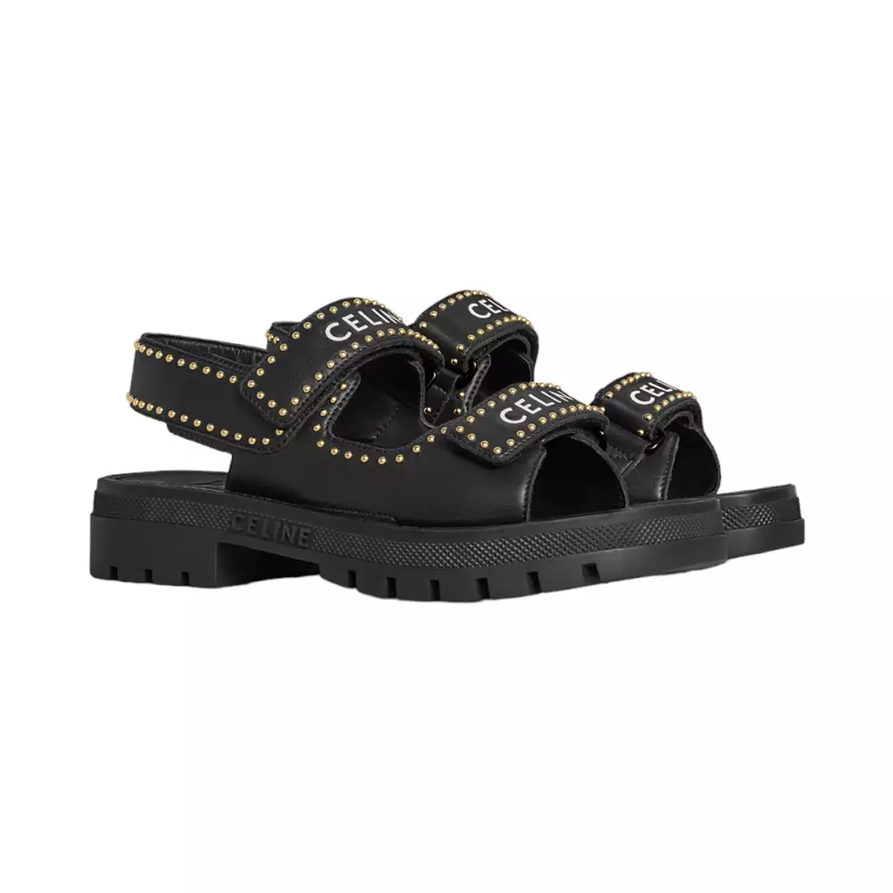 CELINE 25S BILLIE CHUNKY SANDAL IN BROWN CALFSKIN AND TEXTILE