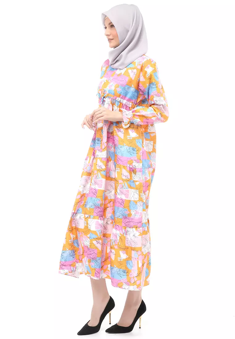 Zahra Gamis Muslimah Wanita Motif Garden Long Sleeve Comfortable To Wear - Orange