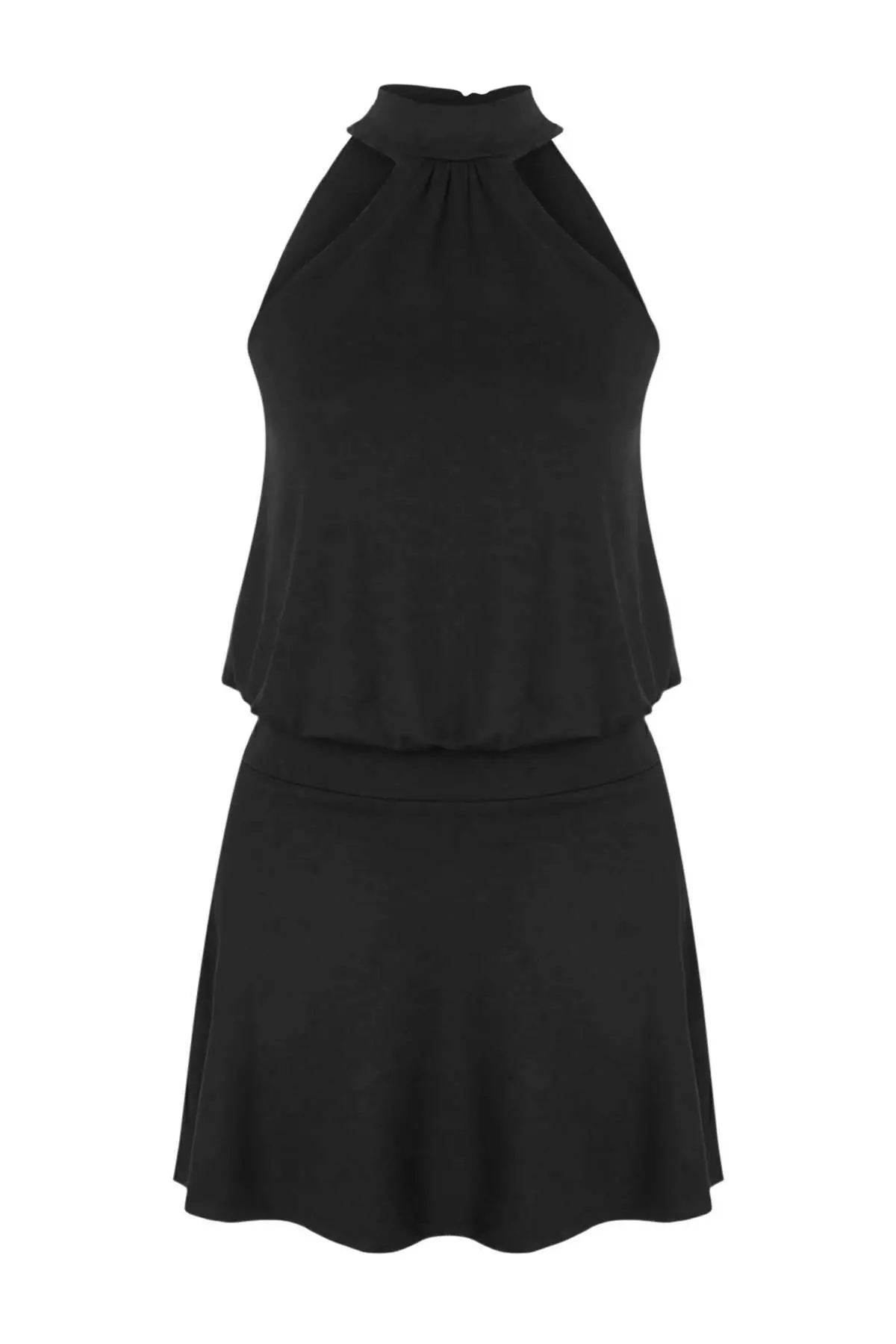 Black Open-Waist Halter Collar Sleeveless Mini Soft Knitted Dress Twoss26El00254
