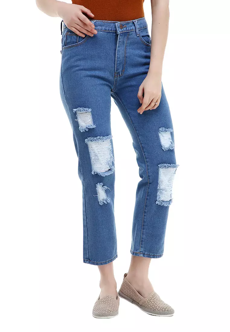 Tyler Celana Jeans High Waist Boyfriend Ripped Bawahan Wanita Design Simple - Biru Medium