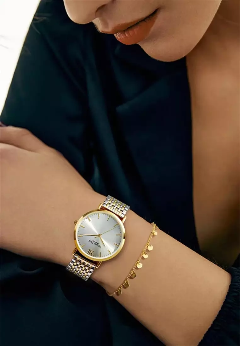 女士手表 經典雙色金銀不鏽鋼表鏈 金色 33mm圓形外殼-金色