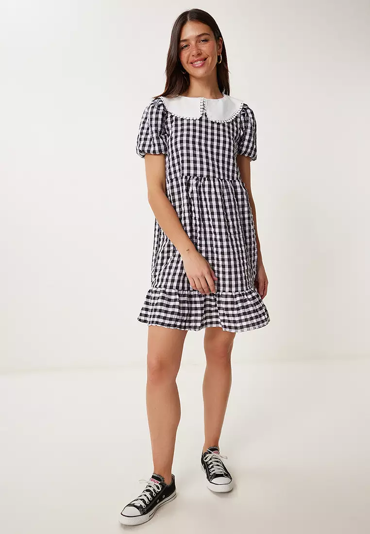 Women's Black Checkered Summer Mini Woven Dress Tp00058