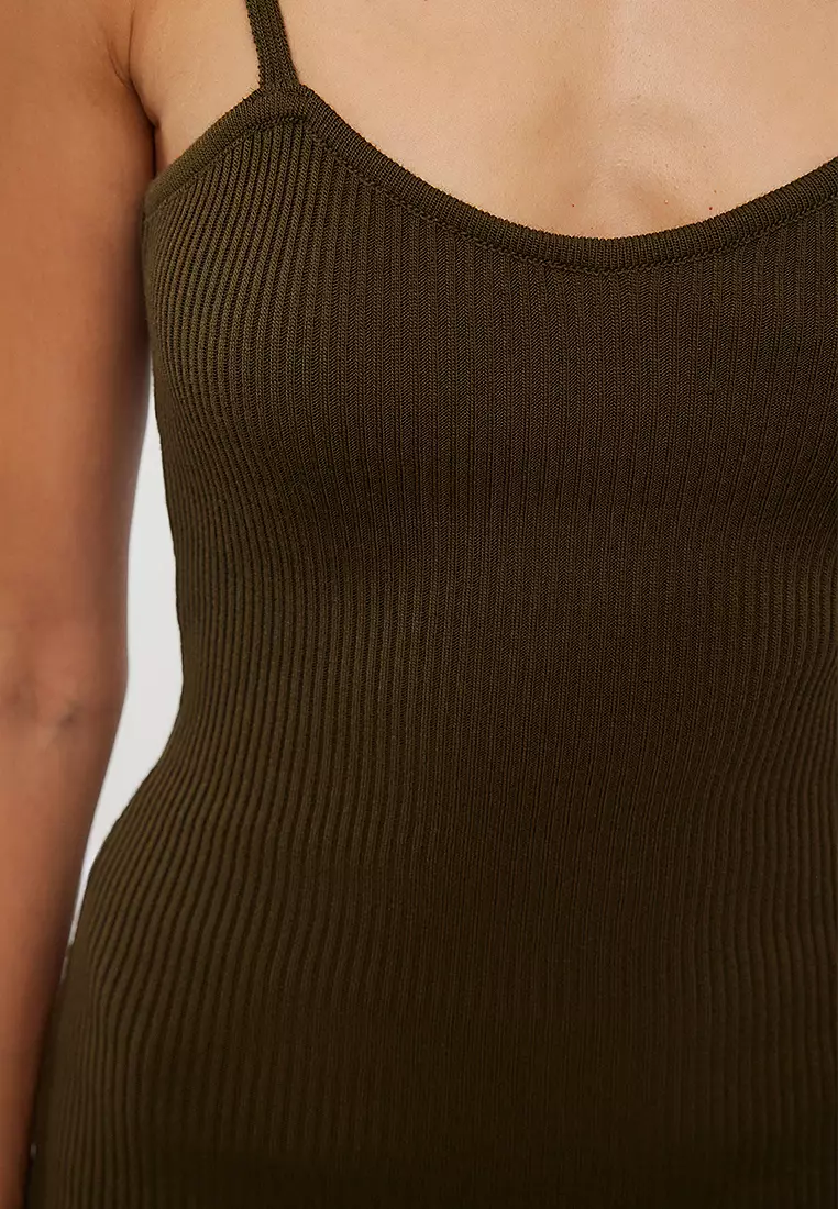 Khaki Fitted Midi Knitwear Cardigan Dress Suit