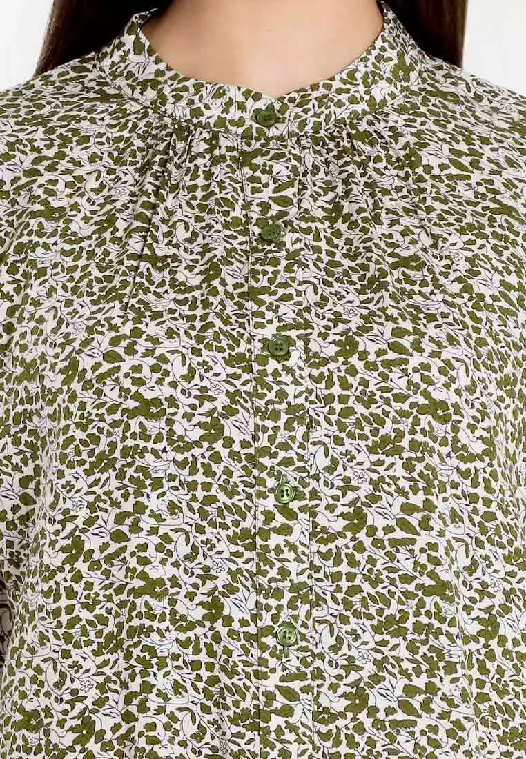 Forest Ladies Floral Pattern Button Rayon Blouse Women Long Sleeve Blouse | Baju Perempuan - 822486-41Green