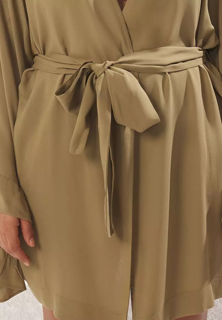 Khaki Frilled Sleeve Flounce Viscose Beach Wear Woven Plus Size Kimono&Caftan TBBSS23DE00001