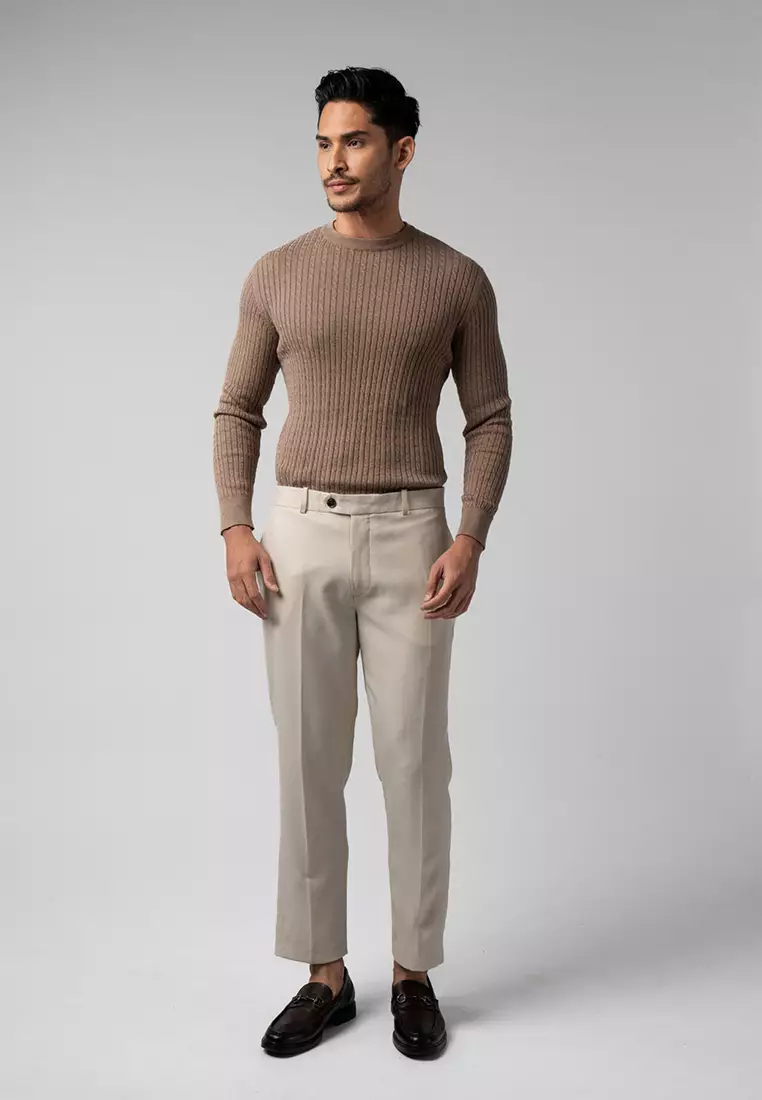 Mens Cable Knit Cotton Sweater Light Brown LS