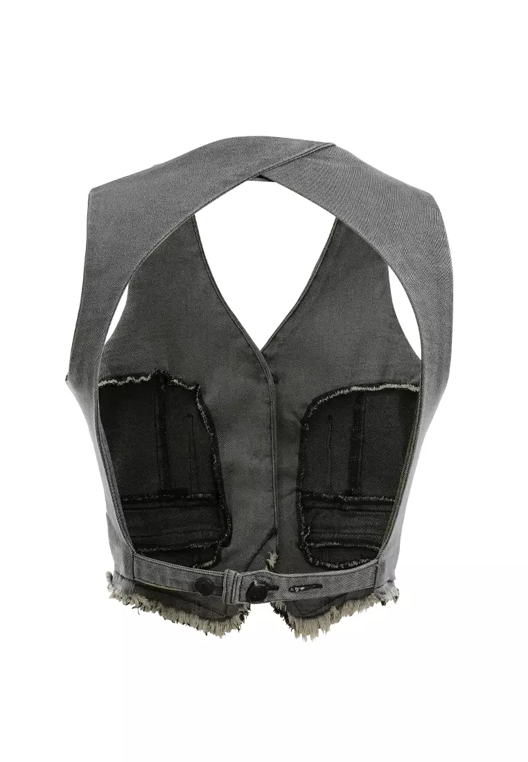 Backless Denim Waistcoat In Washed Black