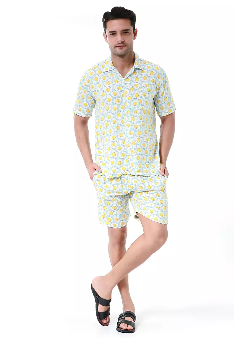 Deon Piyama Pria Kemeja One Set Lengan Pendek Motif Egg Material Rayon ORIGINAL - Blue