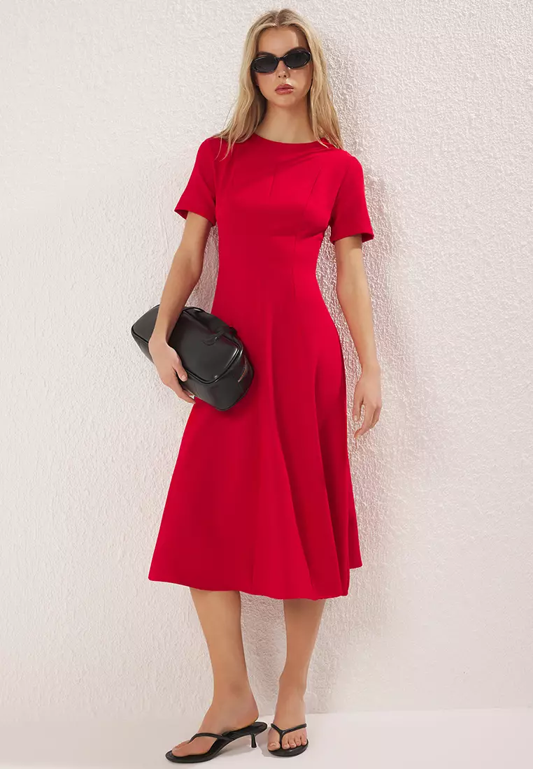 Red Skirt Waist Opening Midi Woven Dress Twoss25El00790