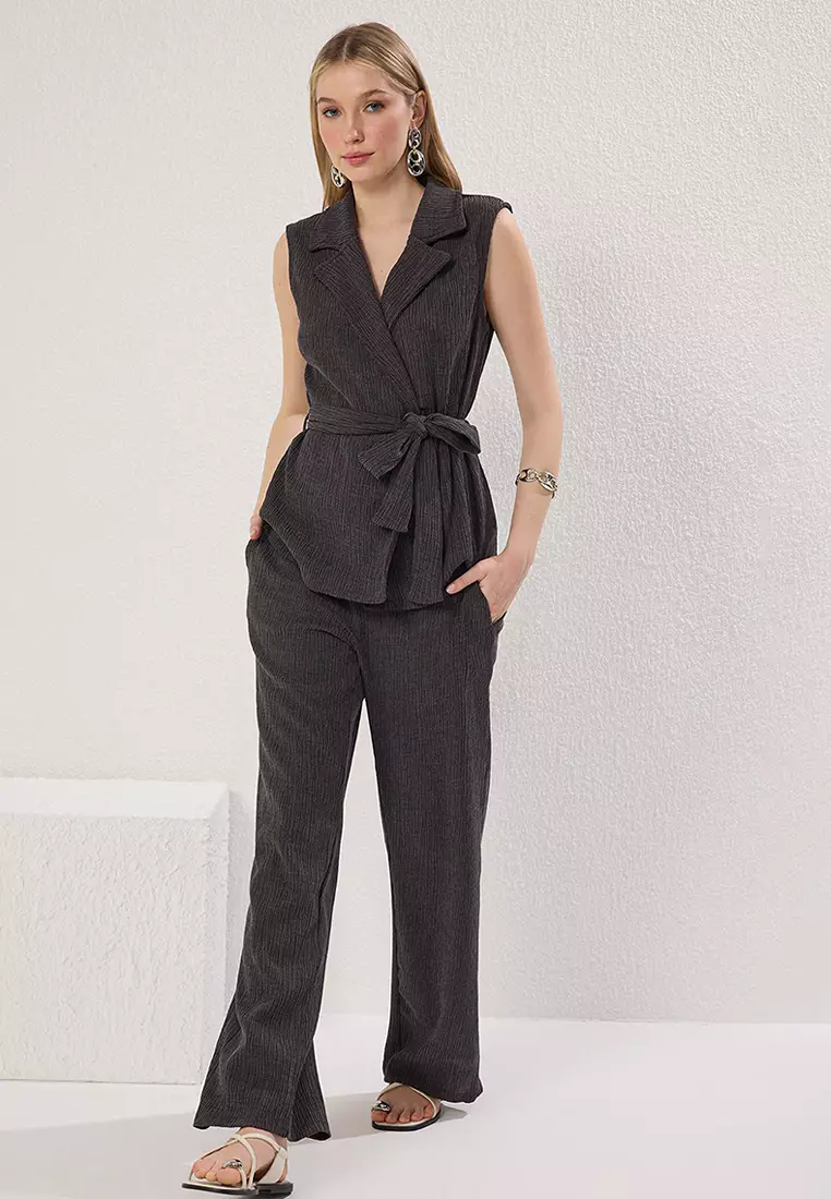 Anthracite Double Breasted Closure Wideleg/Wide Leg Knitted Bottom-Top Set Twoss25Au00005