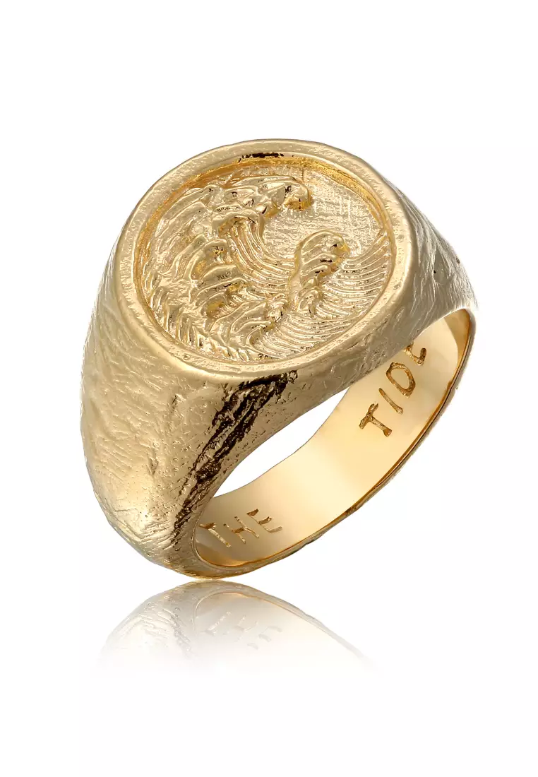 EXCLUSIVE Cincin Perhiasan Perak 925 Pria Signet Tide Waves Motif Gold Plated